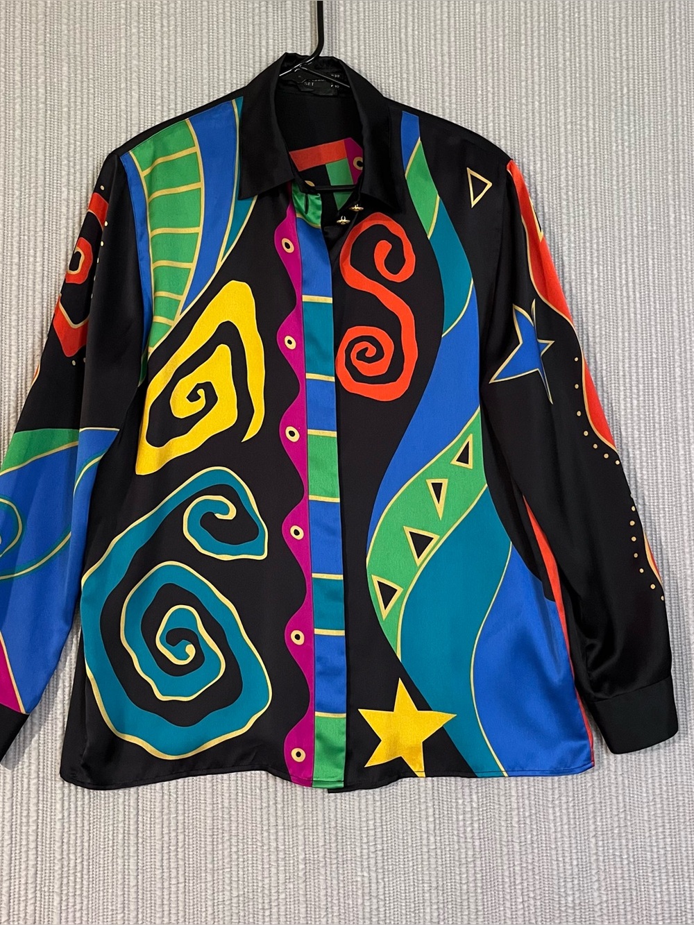 Louis Feraud Vintage Silk Blouse Abstract Art To Wear Womens 8 Vivid Multicolor